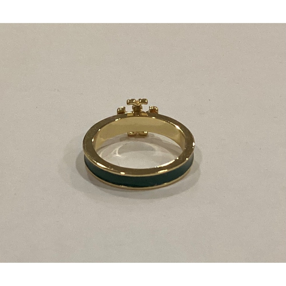 Tory Burch Kira Enamel Ring Gold Tone Hunter Green Logo Band size 8 - Picture 5 of 6